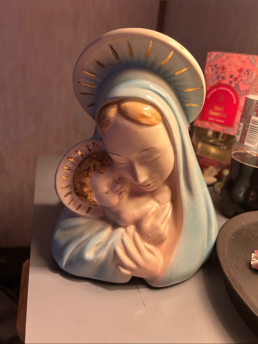 vintage Madonna and Child Ceramic planter in Soft Blue and Cream